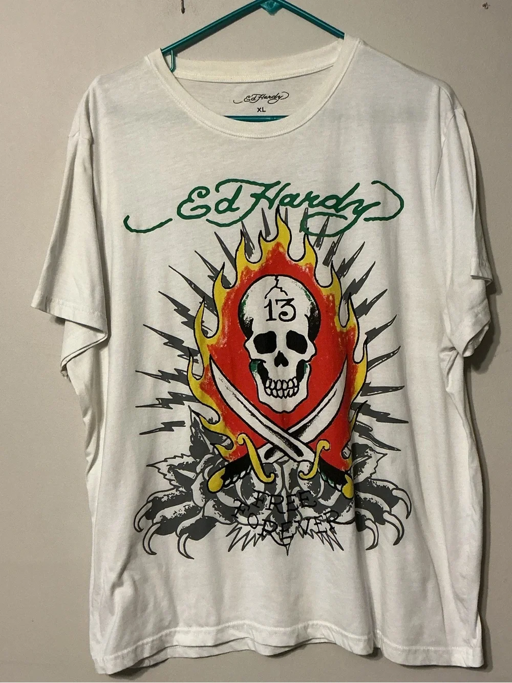 Ed Hardy White Tee with Flaming Skull and Crossed Swords Graphic